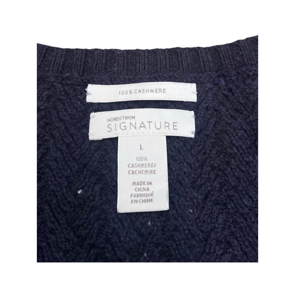 Nordstrom Signature Cashmere V-neck Herringbone Sweater | Womens L, Navy Tweed - Picture 3 of 9